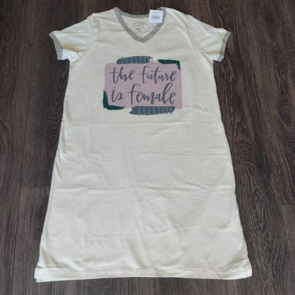 Night Shirt Large The Future is Female Cotton V-neckline Color Cream & Gray PBK - Picture 5 of 7